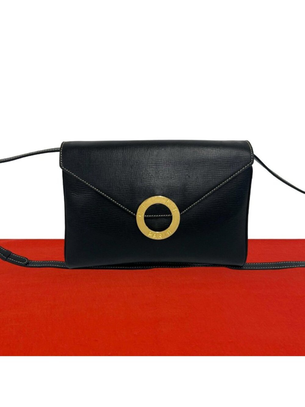 Celine Vintage Circle Logo Leather Shoulder Bag Pochette Crossbody Black